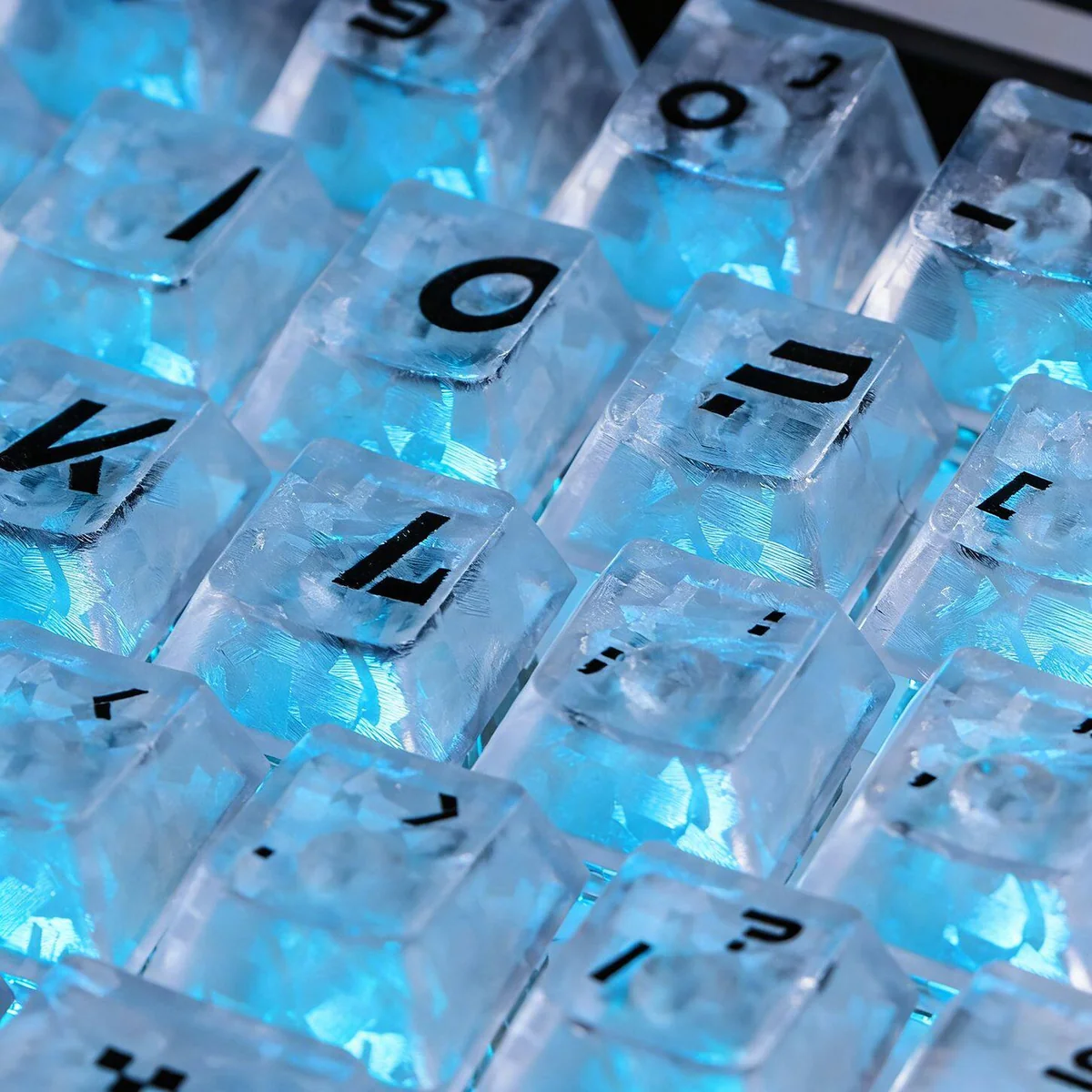Premium CSGO Printstream Carbon Fiber Keycap Set showcasing intricate carbon fiber texture and vibrant shine-through CS:GO skin graphics from a dynamic angle.