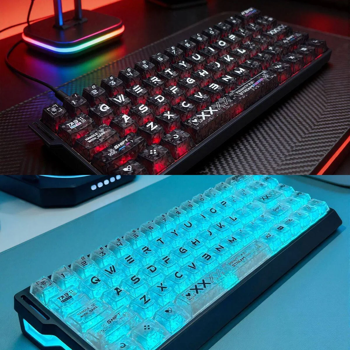 Premium CSGO Printstream Carbon Fiber Keycap Set, highlighting sleek carbon fiber texture and vibrant shine-through CS:GO skin graphics.