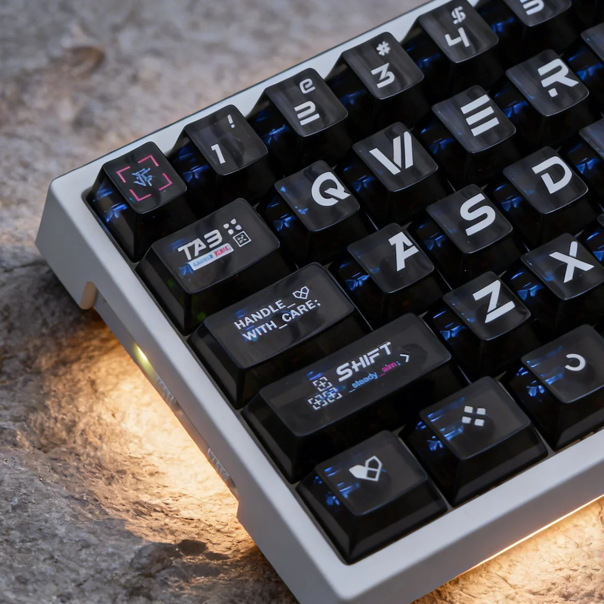 "Premium translucent CSGO Printstream PC keycaps displaying iconic gaming art with vibrant RGB pass-through, captured from a unique angle."