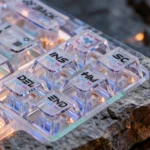 CSGO Printstream PC keycaps: Iconic Gaming Art Set. Multiple angles reveal 'Sticker Collection' designs and vibrant RGB pass-through for gamers.