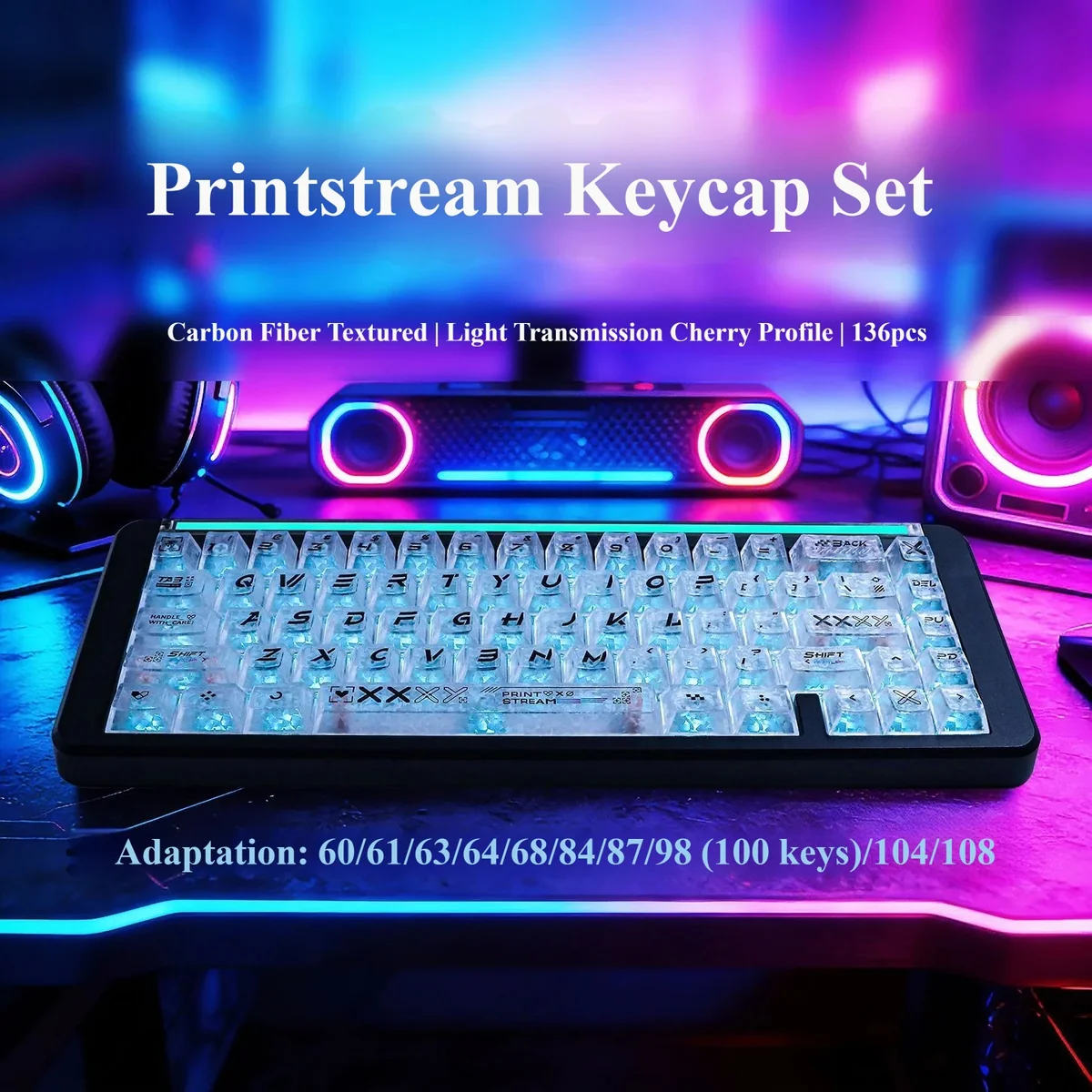 CSGO Printstream PC Keycaps set showcasing iconic Counter-Strike designs with vibrant RGB pass-through, perfect for premium gaming setups.