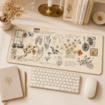 This Emily Dickinson Garden desk mat displays a vintage botanical collage on silky 4mm fabric with a non-slip base.