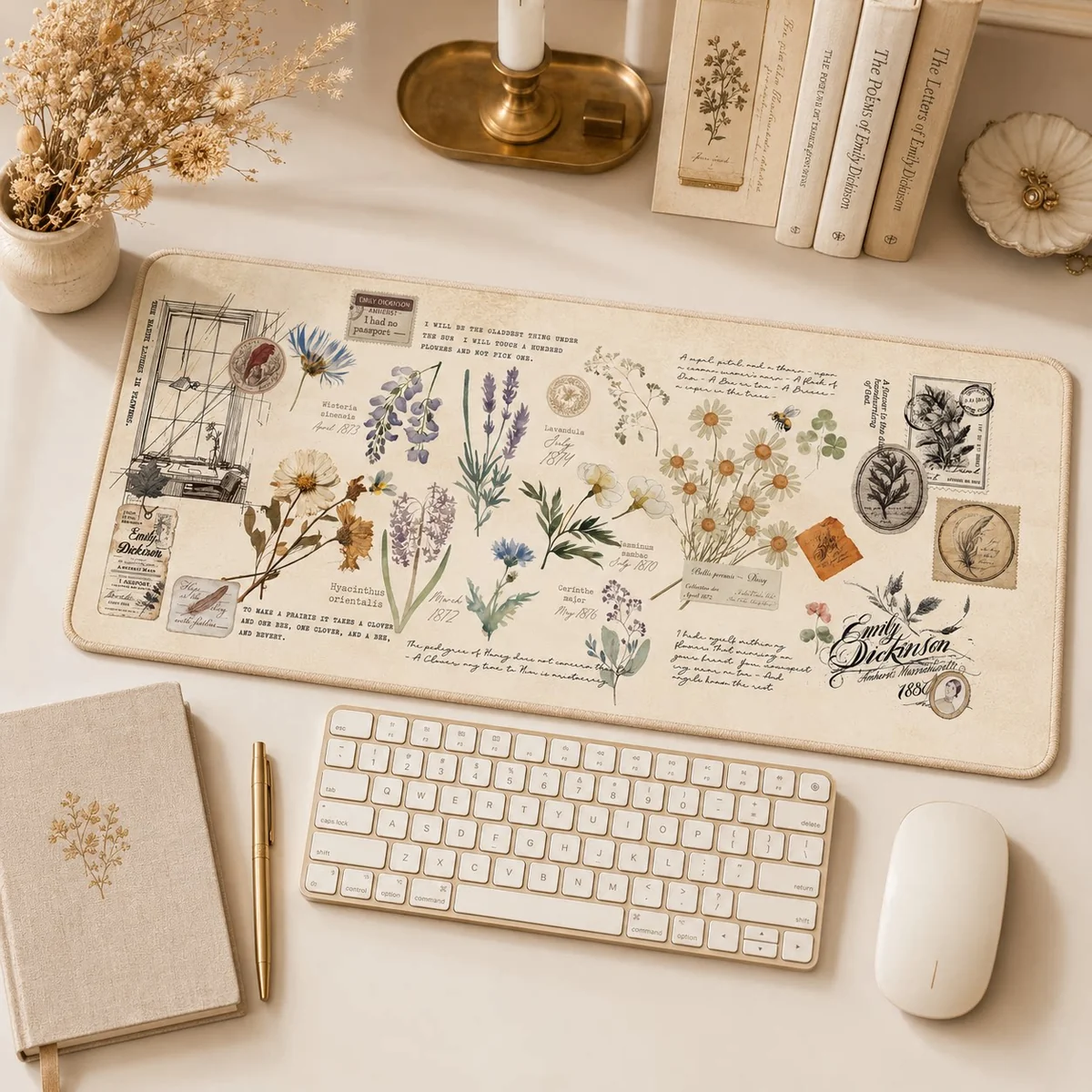 This Emily Dickinson Garden desk mat displays a vintage botanical collage on silky 4mm fabric with a non-slip base.