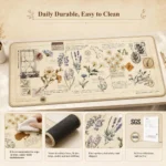 Emily Dickinson Garden desk mat in vintage botanical collage, shown with easy-clean surface, 4mm silky fabric, and non-slip rubber base.