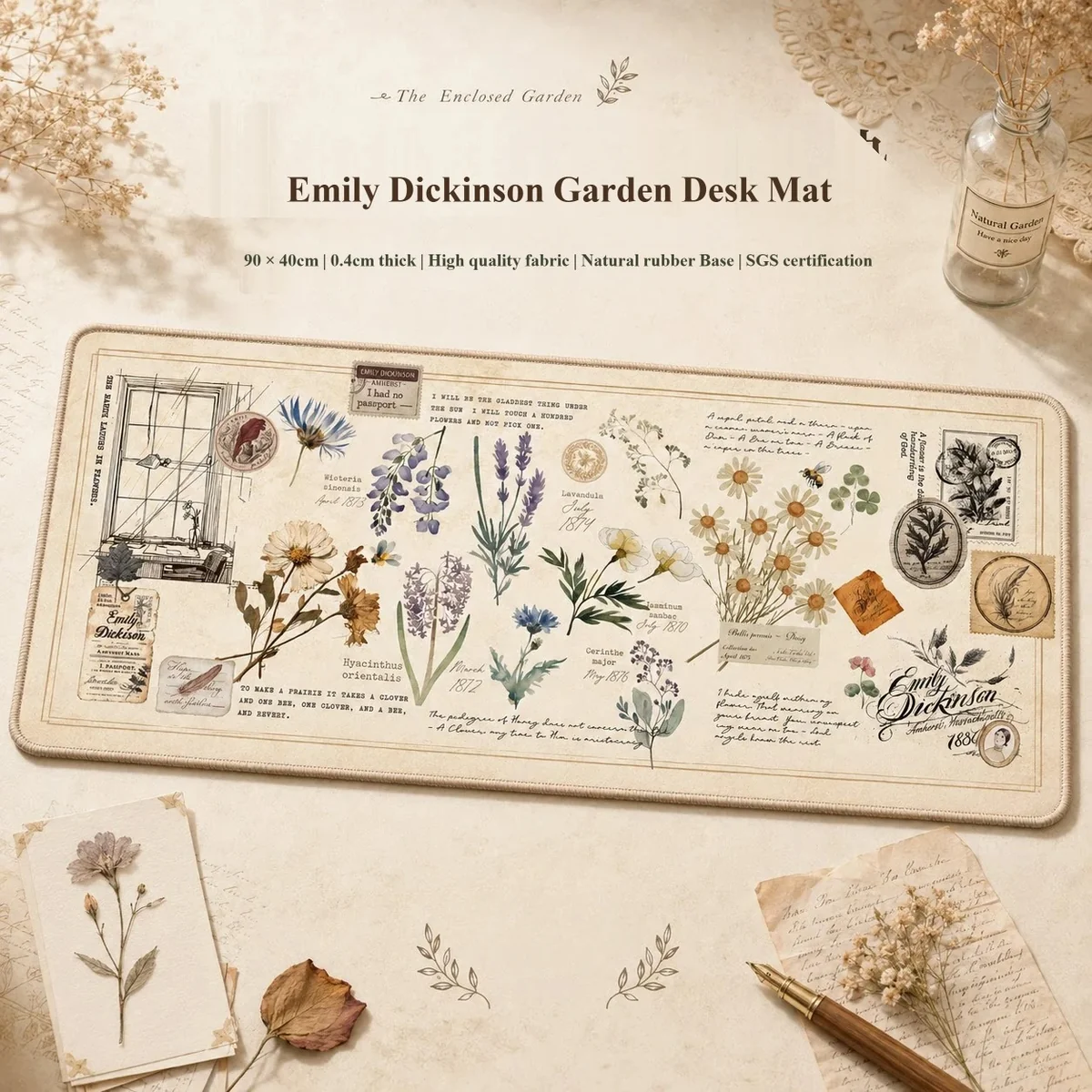 Emily Dickinson Garden desk mat featuring vintage pressed flowers, manuscript verse, and stamps on 4mm-thick silky-smooth fabric with a non-slip rubber base.