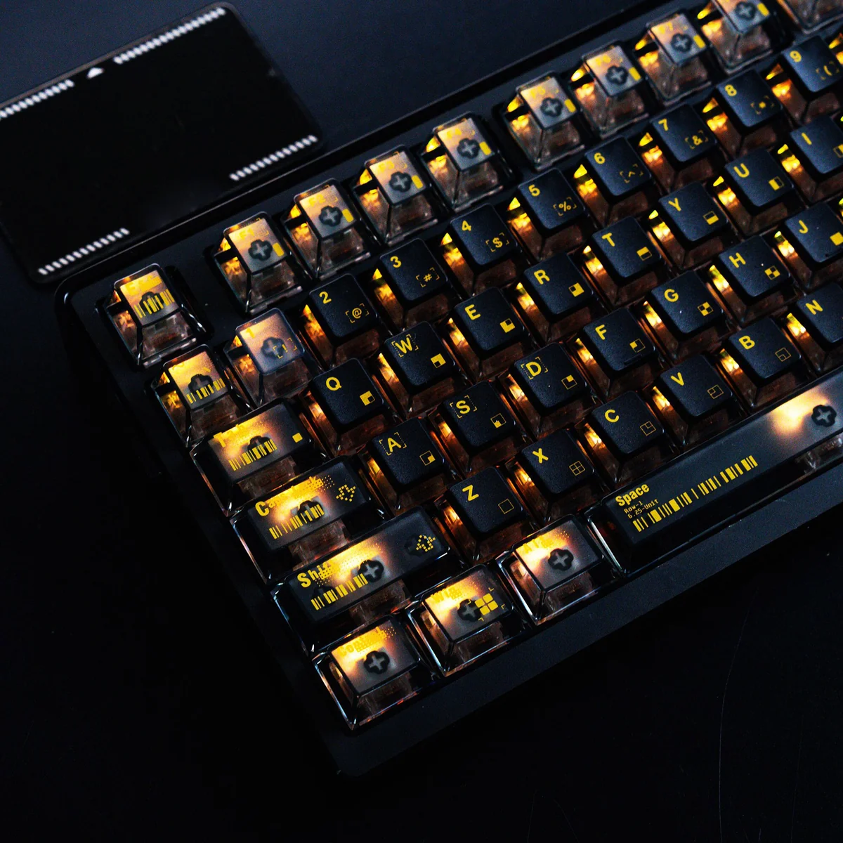 Error Code Keycap Set featuring translucent PBT+PC cyber-tech design, vibrant backlighting, and premium black, gold, transparent look.