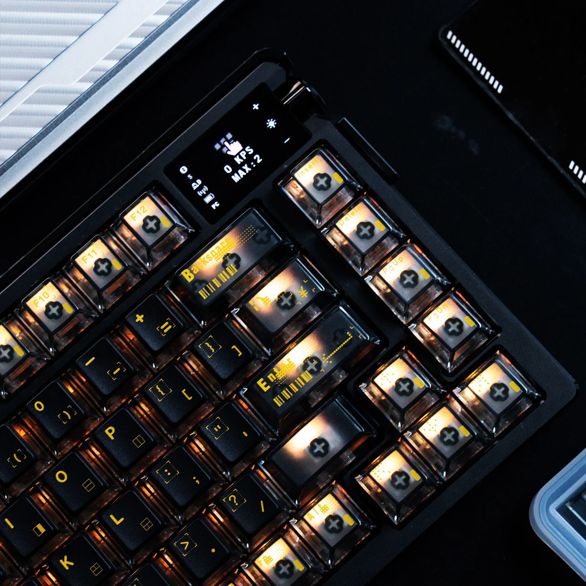 Error Code 2.0 PBT+PC backlit keycap set from multiple angles, emphasizing its unique cyber-tech design, translucent black and gold, and vibrant backlighting..