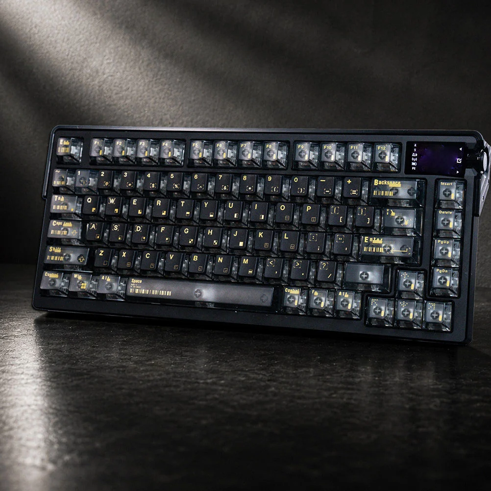 Premium Error Code 2.0 PBT+PC backlit keycap set, showcasing its unique cyber-tech design, translucent black and gold aesthetic, and vibrant glow.