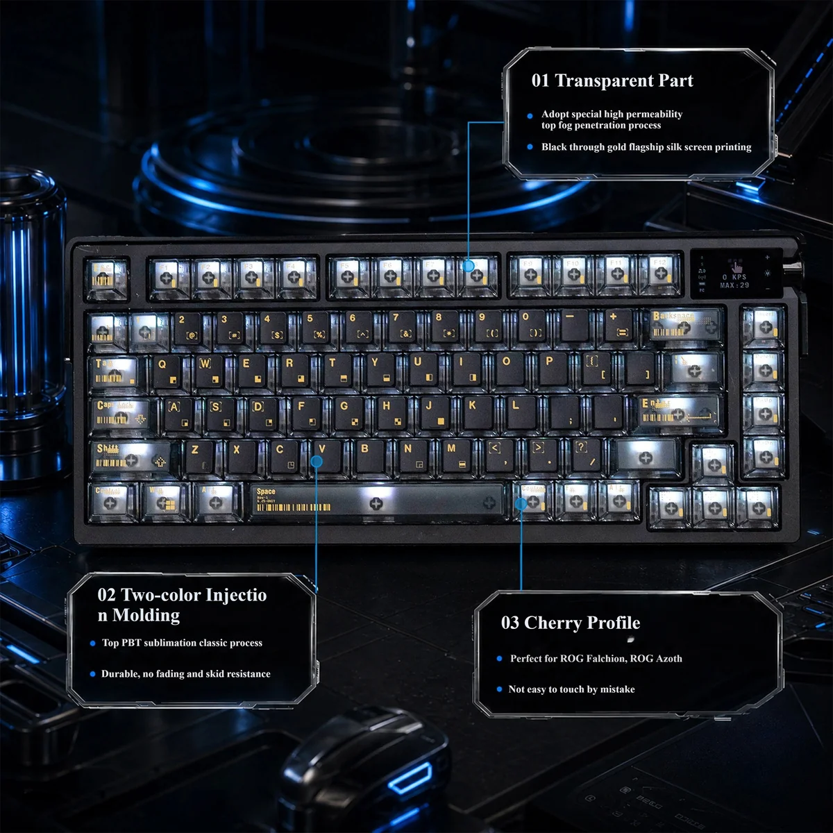 Error Code 2.0 PBT+PC backlit keycap set, multi-angle view: cyber-tech black, gold, transparent design with vibrant backlighting.
