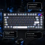 Error Code 2.0 PBT+PC backlit keycap set for 60-75% keyboards, showcasing the unique cyber-tech black and gold translucent design with vibrant backlighting.