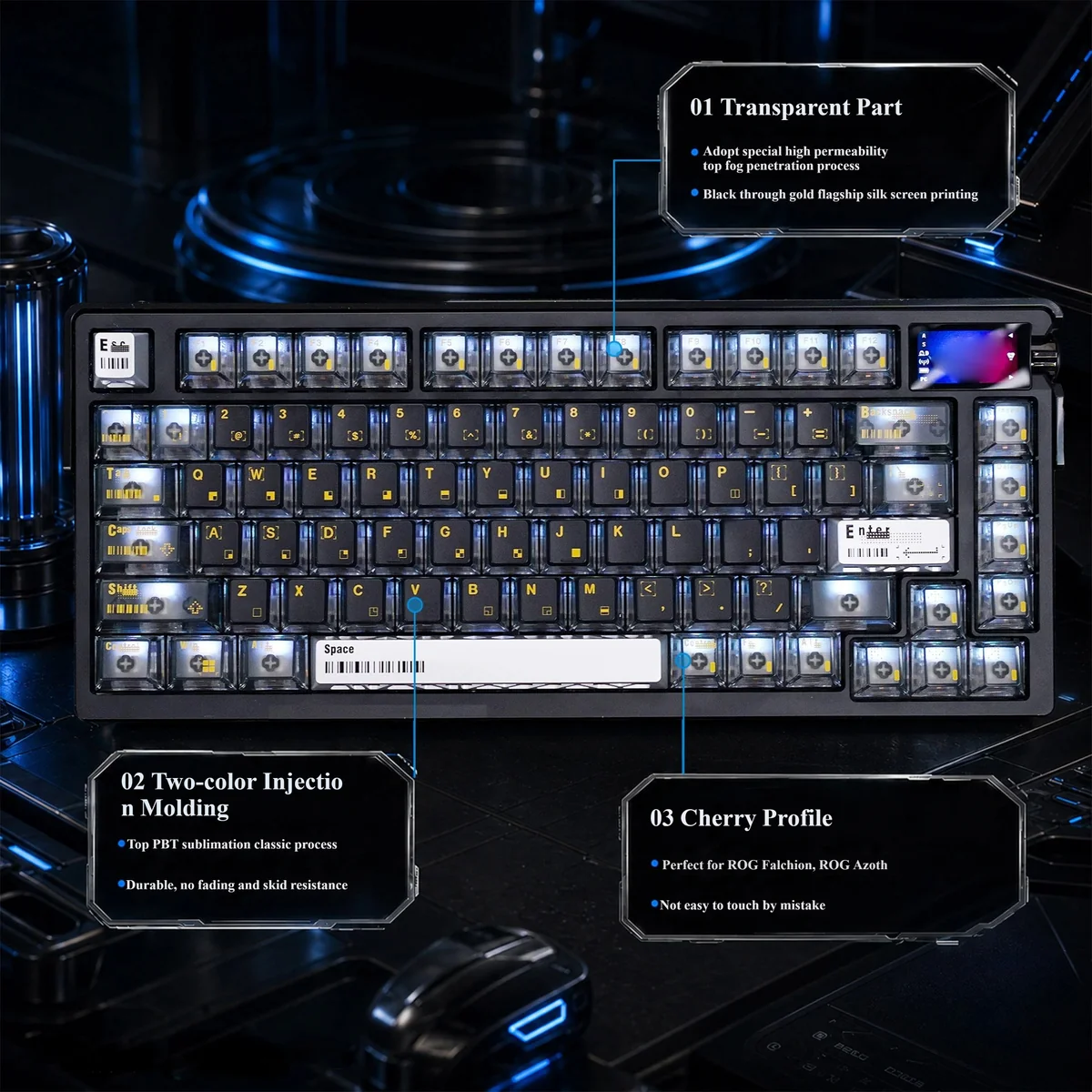 Error Code 2.0 PBT+PC backlit keycap set for 60-75% keyboards, showcasing the unique cyber-tech black and gold translucent design with vibrant backlighting.