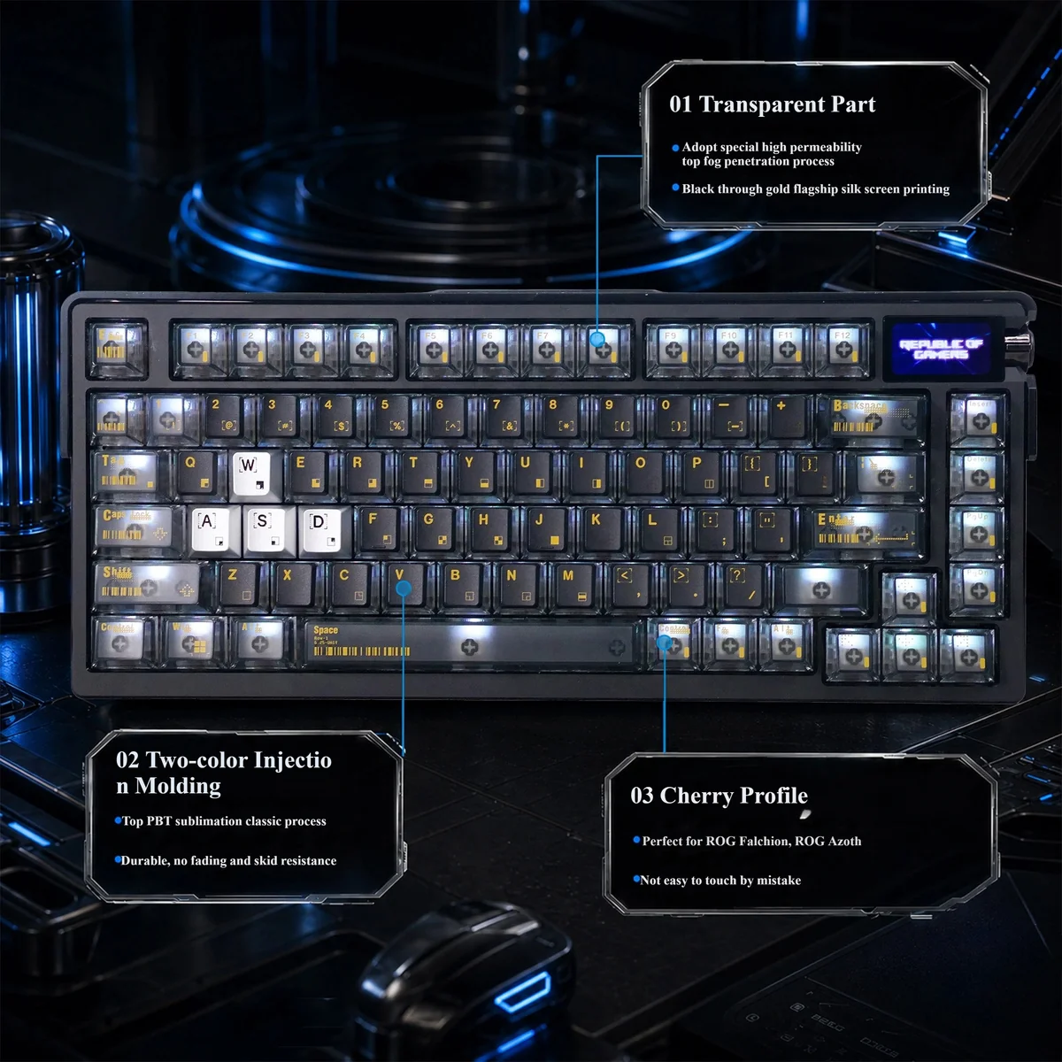 Error Code 2.0 PBT+PC backlit keycap set with 3 striking silver V keys, highlighting the unique cyber-tech design and translucent aesthetic.