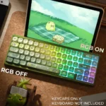 A collection of durable PBT double-shot backlit Frog MOA keycaps from various angles, showcasing their whimsical frog motif and luminous legends.