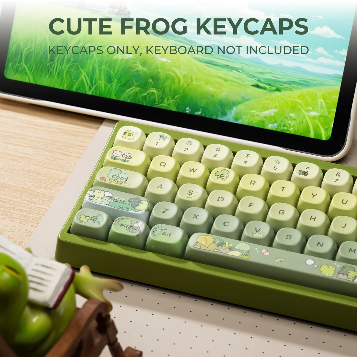 A gallery of whimsical Frog MOA Keycaps, showcasing their durable PBT double-shot construction and vibrant backlit legends from various playful angle.