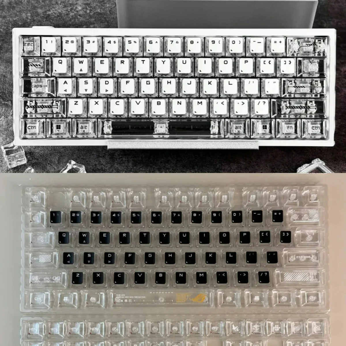 20th Anniversary Special Edition Gaming Keycaps set, showcasing a premium dark, mysterious aesthetic with classic black and white keys.