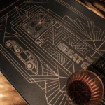 Angled shot of the luxurious Gatsby desk mat, featuring opulent golden Art Deco patterns, evoking 1920s elegance for a premium workspace.