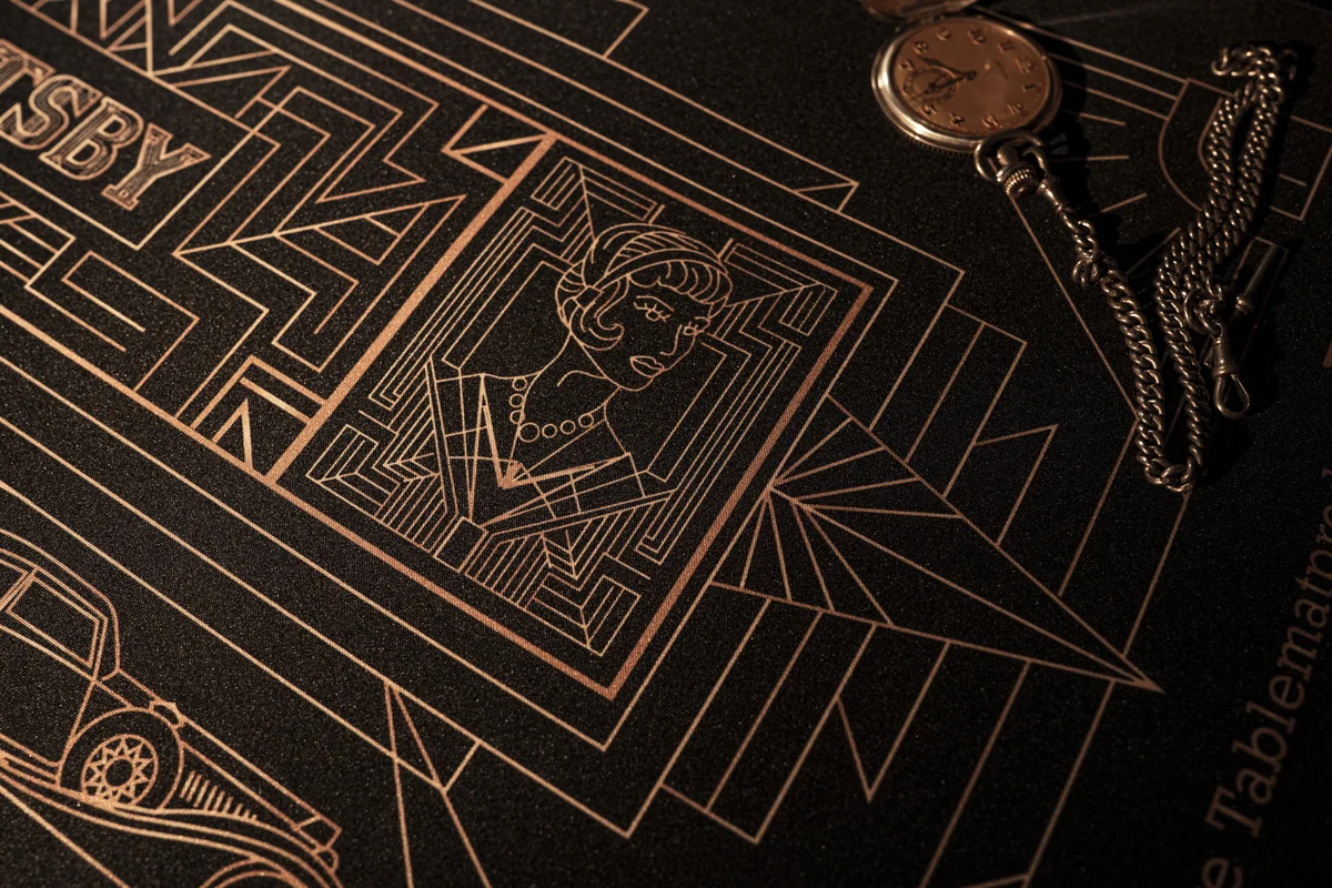 Luxurious Gatsby desk mat with opulent golden Art Deco patterns, highlighting premium texture and intricate design for an elegant workspace.