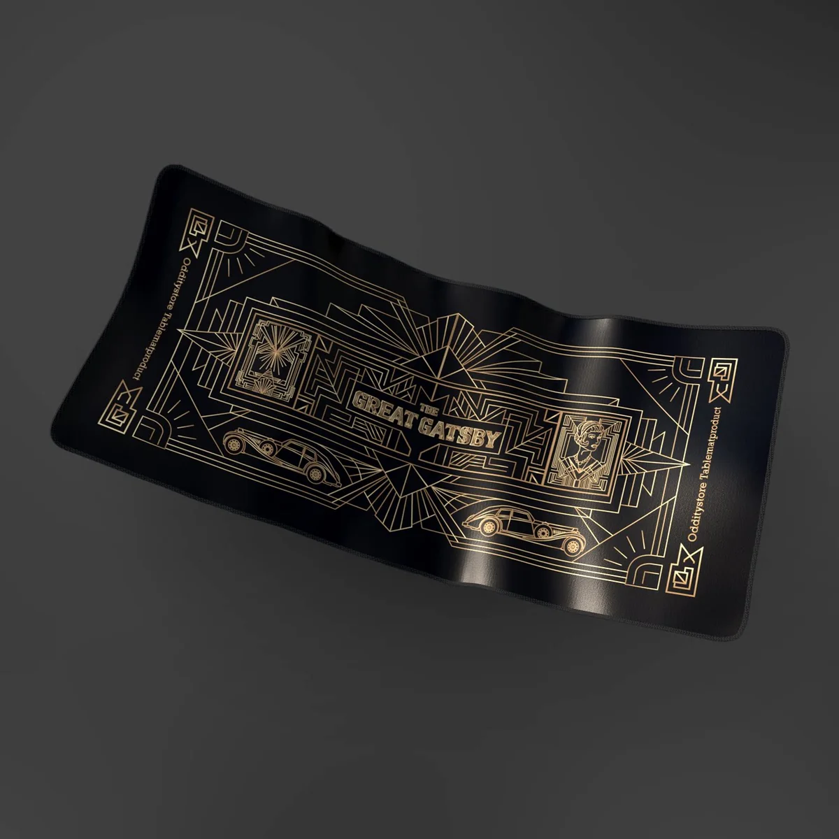 A detailed view of the Gatsby Art Deco desk mat, highlighting its opulent golden geometric patterns and luxurious texture, enhancing any workspace.