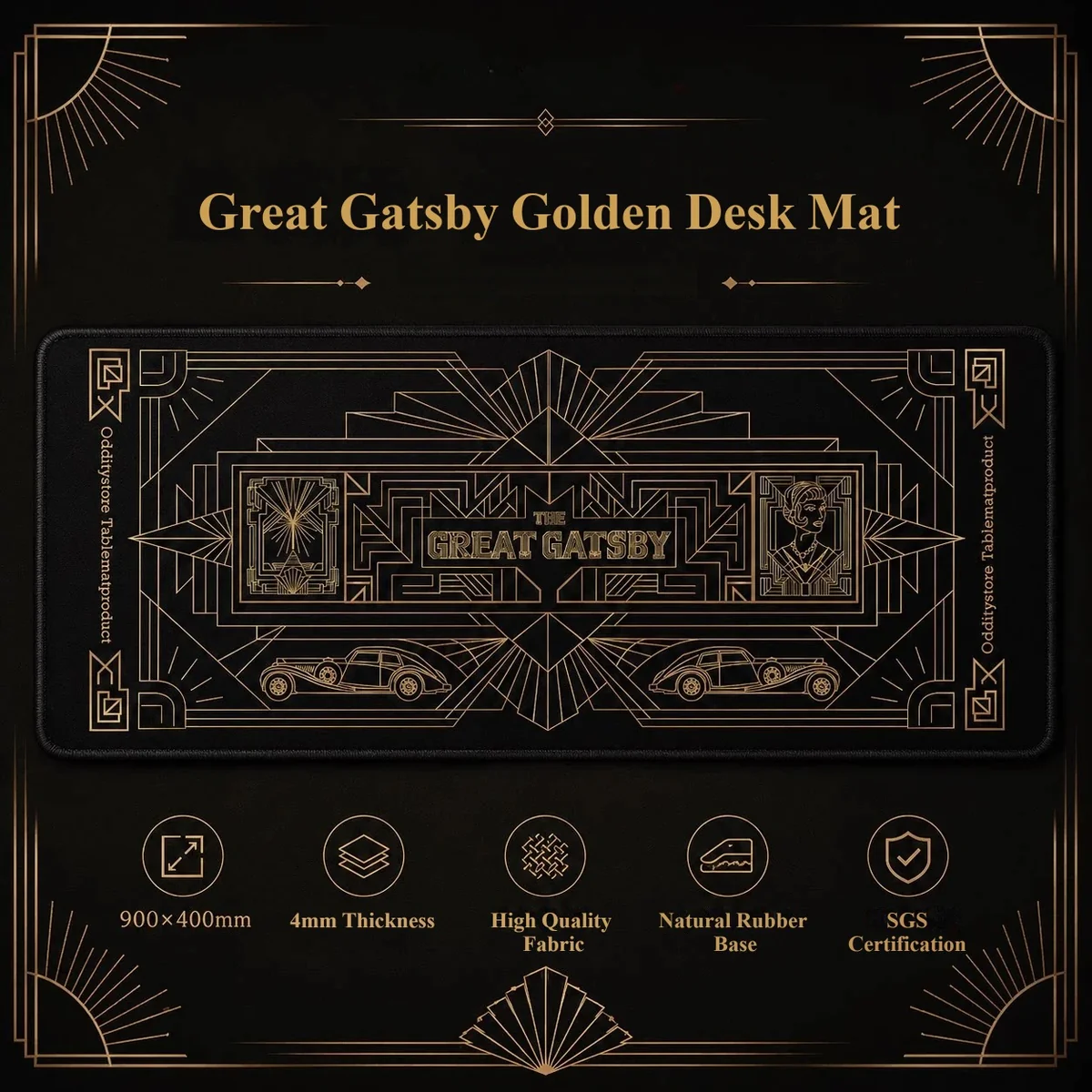 Opulent Gatsby desk mat featuring luxurious golden Art Deco patterns, transforming your workspace into a 1920s golden dream. Premium and artistic.
