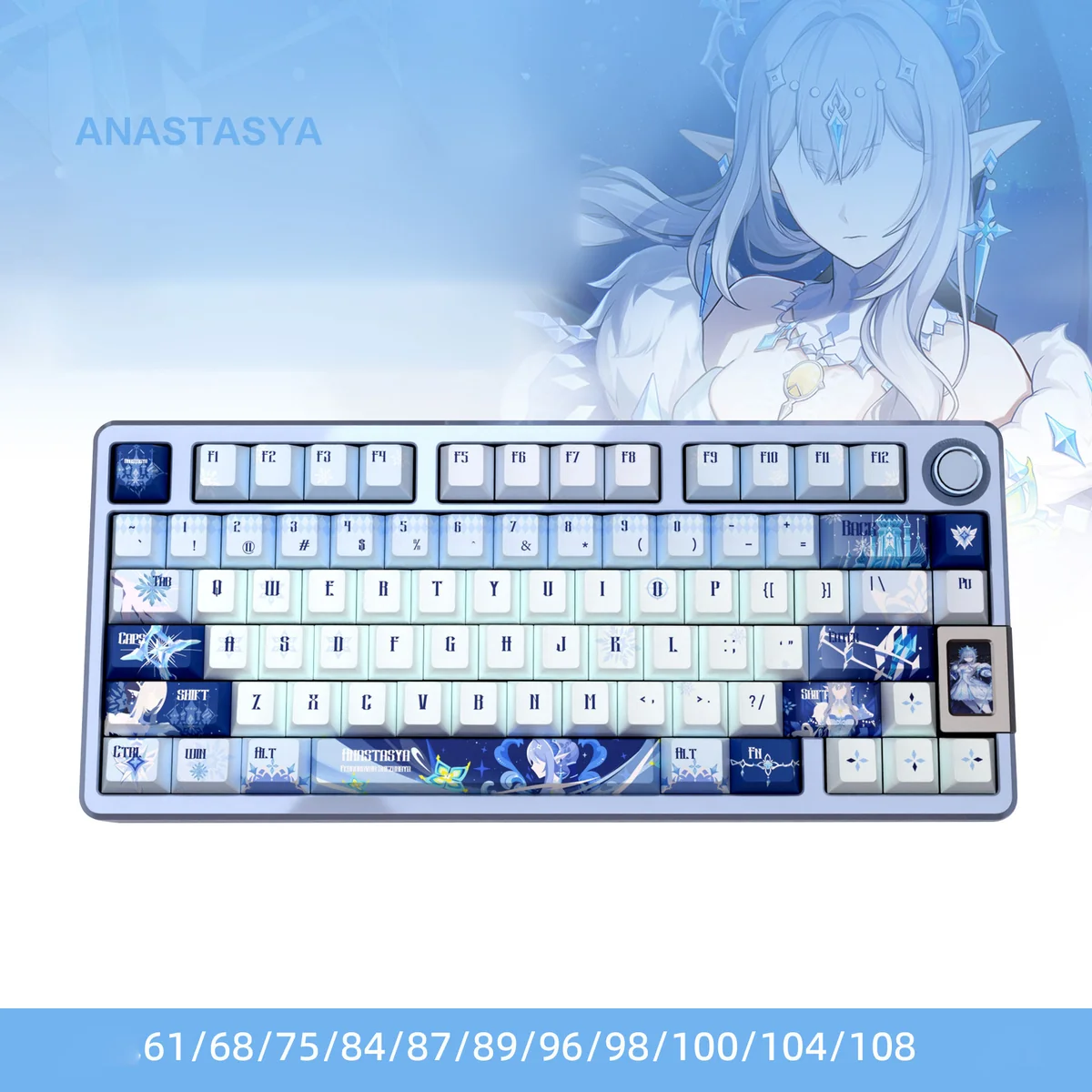 Premium Genshin Impact Anastasya PBT translucent keycaps, showcasing ethereal icy blue and white tones perfect for any gaming setup.