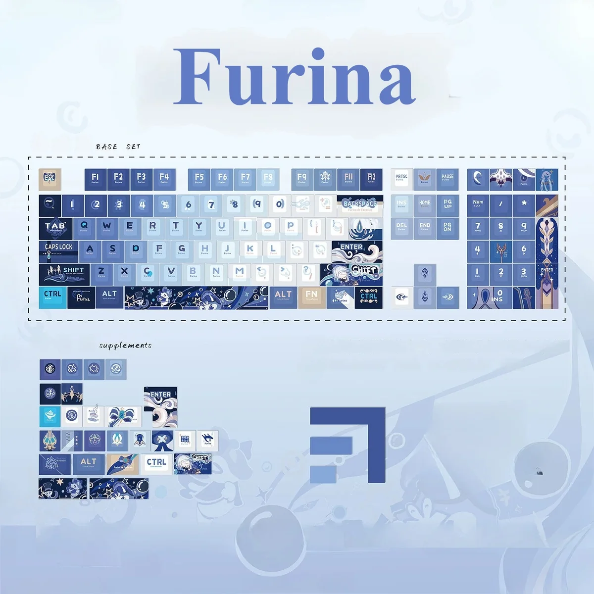 Furina Keycap Set, an exclusive Genshin Impact Hydro Archon PBT dye-sub design. Showcases vibrant, fan-inspired artistry for enthusiasts.