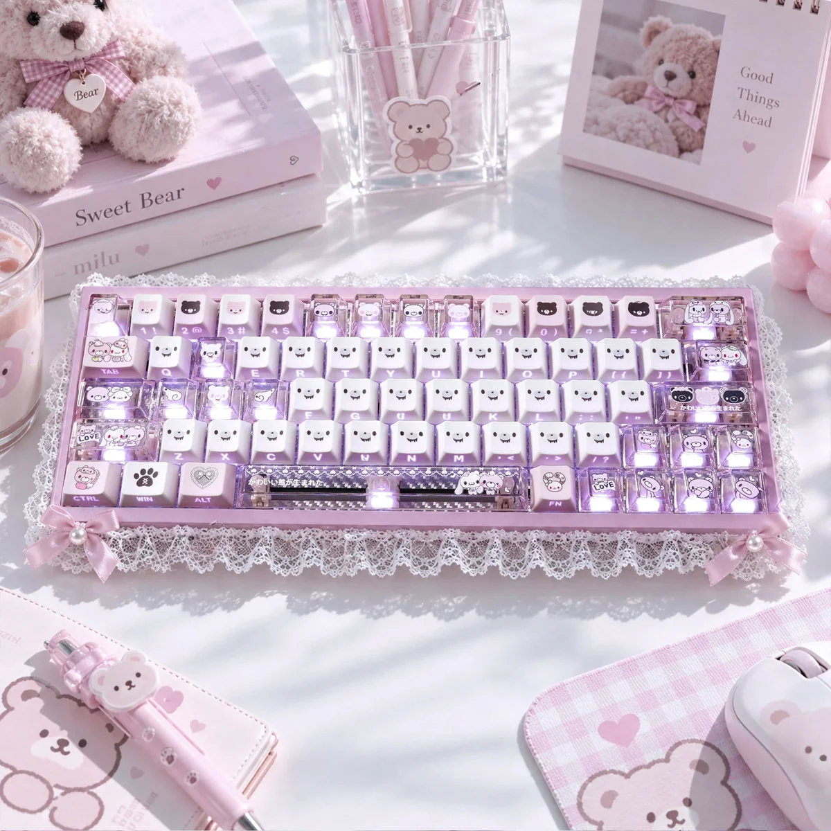 Pastel pink gloomy bear keycaps set with PBT side-engraved translucent keys, lace trim, hearts, and sweet desk accessories.
