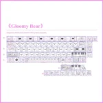 Pastel pink Gloomy Bear kawaii bear keycaps PBT side-engraved translucent set layout with 60 to 68 keyboard compatibility and heart accents.