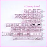 Pastel pink Gloomy Bear kawaii bear keycaps showcase side-engraved translucent PBT keys, lace heart accents, and 78 keys for 60/61/63/64/68 layouts.