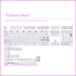 Pastel pink gloomy bear keycaps set with 78 side-engraved PBT keys and 31 translucent PC add-on keys, featuring sweet lace and heart details.