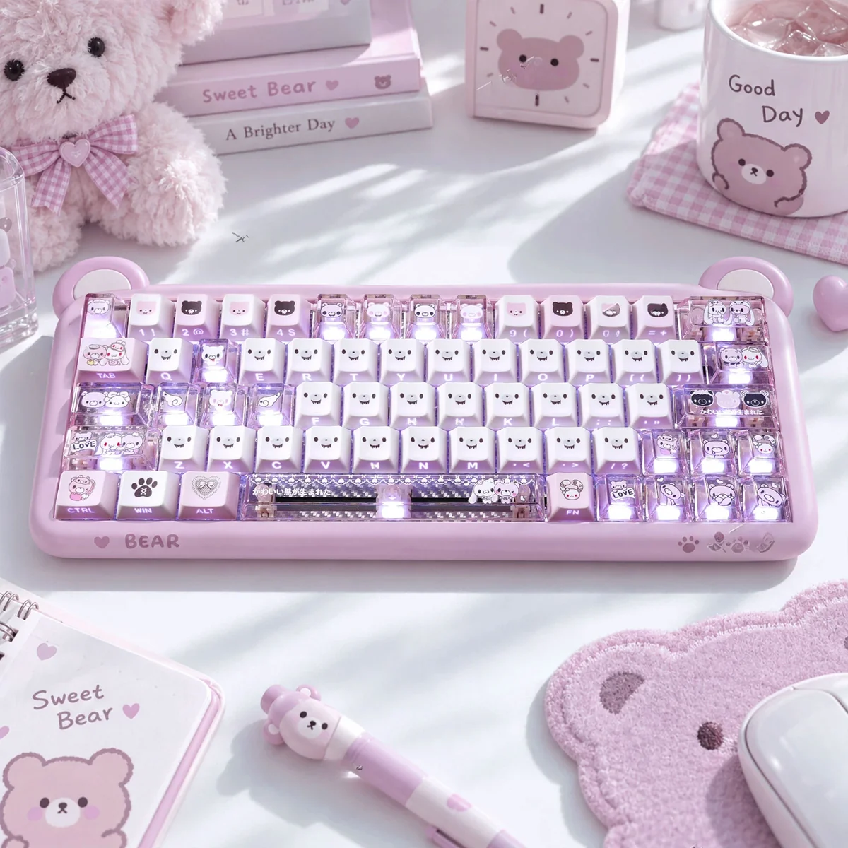 Pastel pink gloomy bear keycaps in a sweet desk wonderland, featuring PBT side-engraved translucent keys with hearts and lace details.