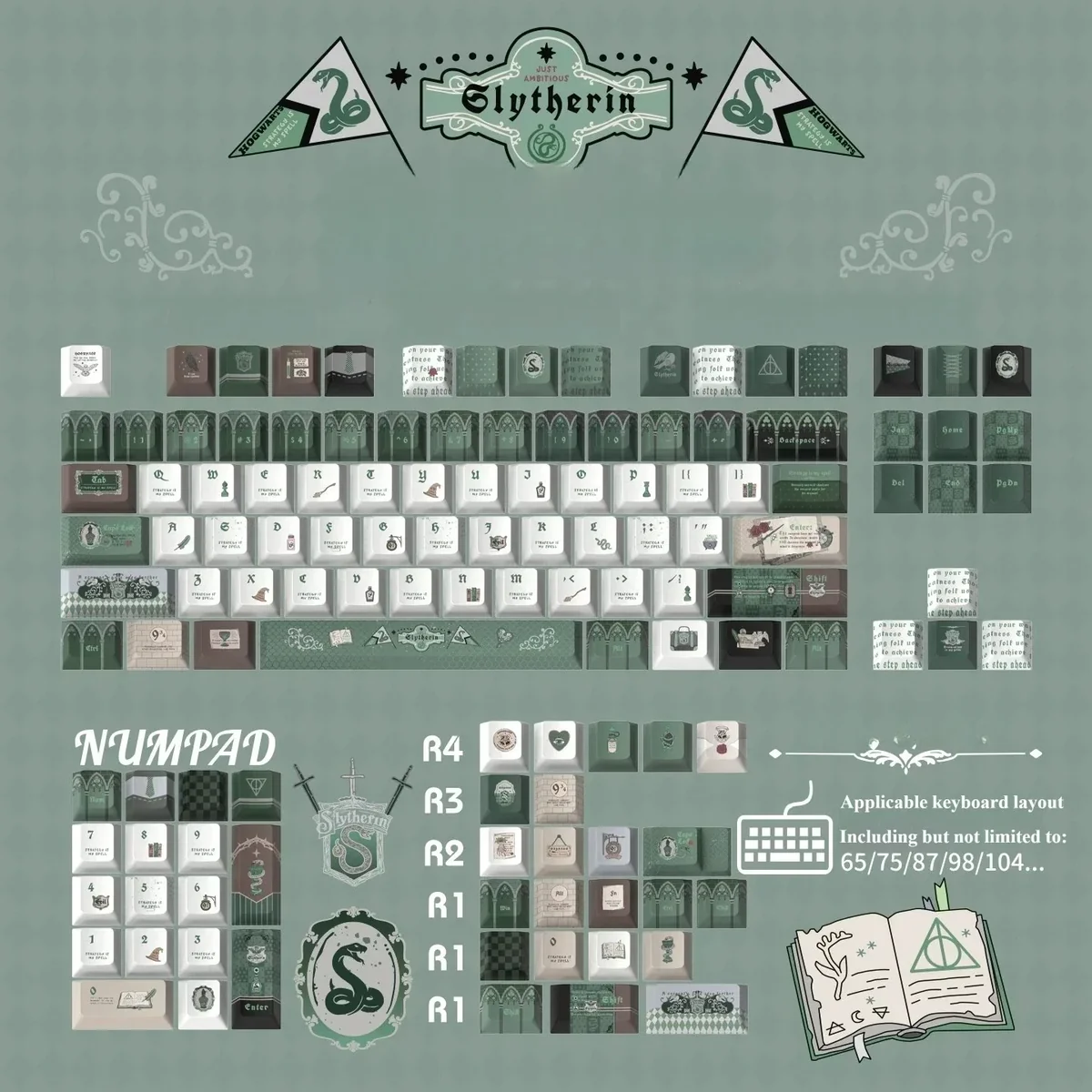 Green House PBT dye-sub wizardry keycaps set, showcasing a durable serpent's ambition theme for an enchanting keyboard aesthetic.