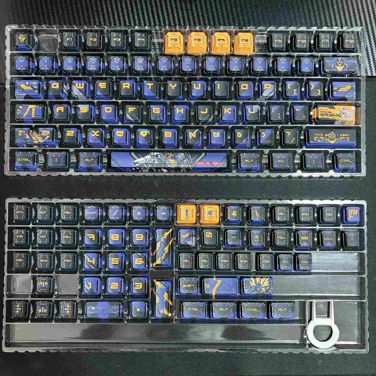 Iconic Gundam Banshee PBT keycap for Cherry MX keyboards, showcasing its striking design and glowing details in a premium close-up.
