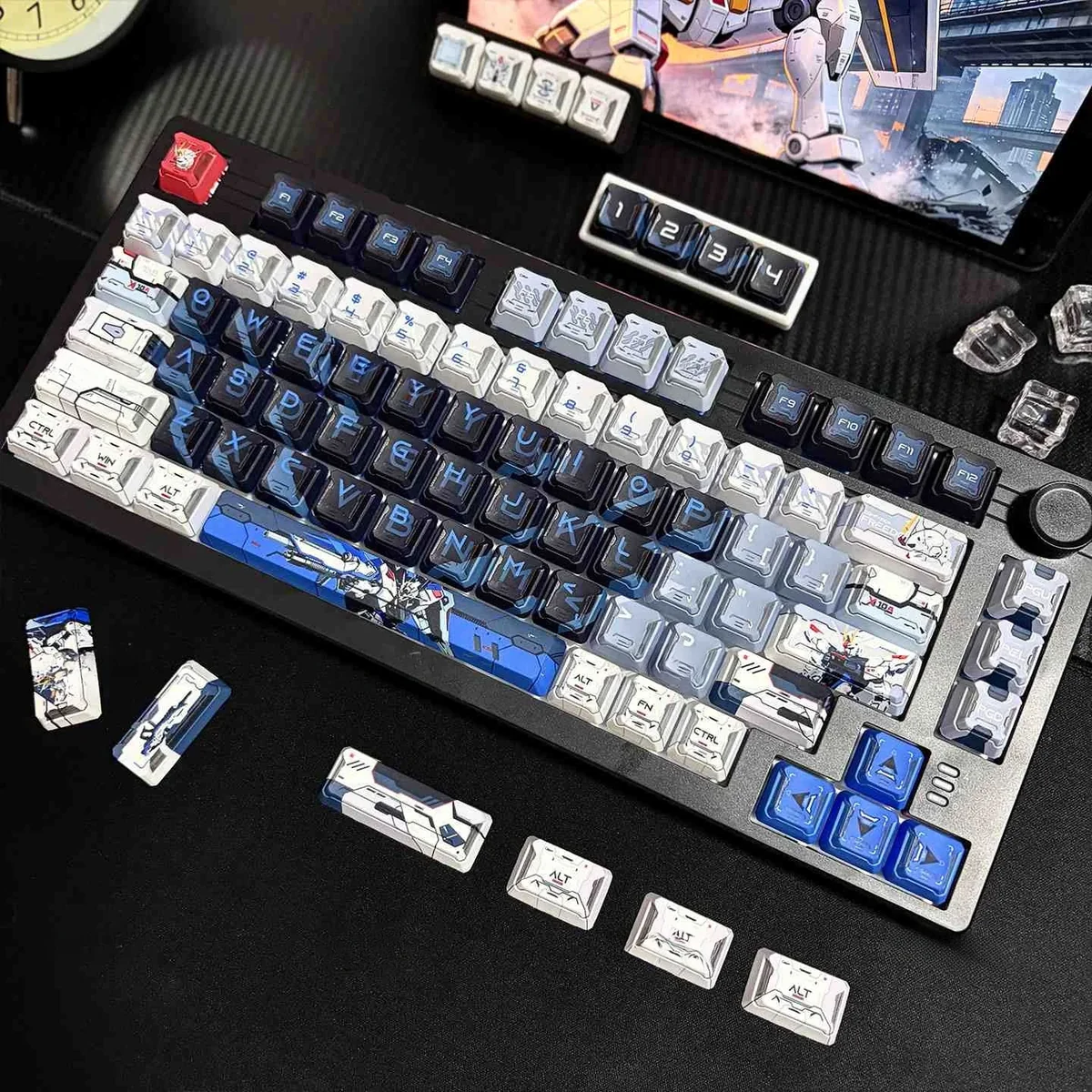 Freedom Gundam PBT Mecha Keycap collection from multiple angles, highlighting its dynamic futuristic design and intricate robotic details.