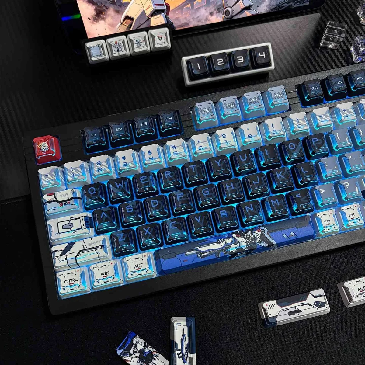 A premium PBT Freedom Gundam mecha keycap, showcasing its dynamic futuristic design and intricate robotic details from a striking.