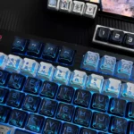 Premium Freedom Gundam PBT mecha keycap set, displaying its dynamic futuristic design and intricate glowing details from multiple angles.