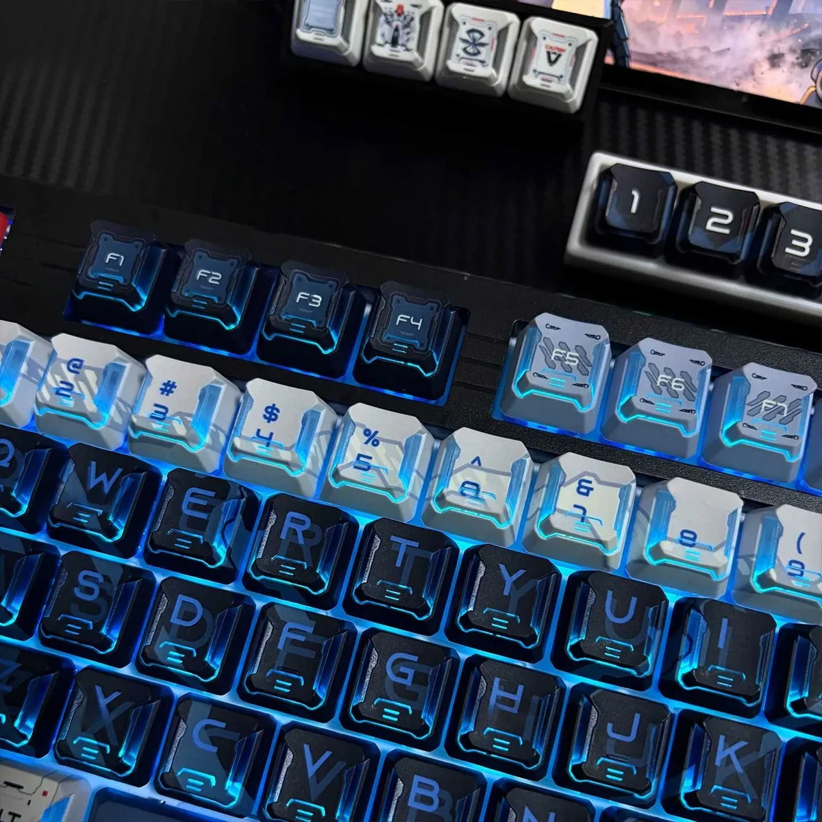 Premium Freedom Gundam PBT mecha keycap set, displaying its dynamic futuristic design and intricate glowing details from multiple angles.