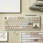 Adorable Hakimi PBT dye-sub keycap set, a playful collection showcasing charming character designs and soft hues from various angles for custom keyb