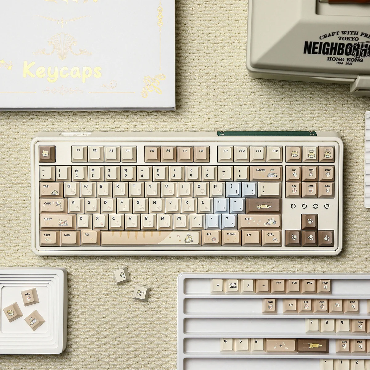 Adorable Hakimi PBT dye-sub keycap set, a playful collection showcasing charming character designs and soft hues from various angles for custom keyb