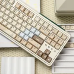 Multiple views of the adorable Hakimi PBT dye-sub keycap set, showcasing charming soft-hued characters and playful motifs for custom keyboards.