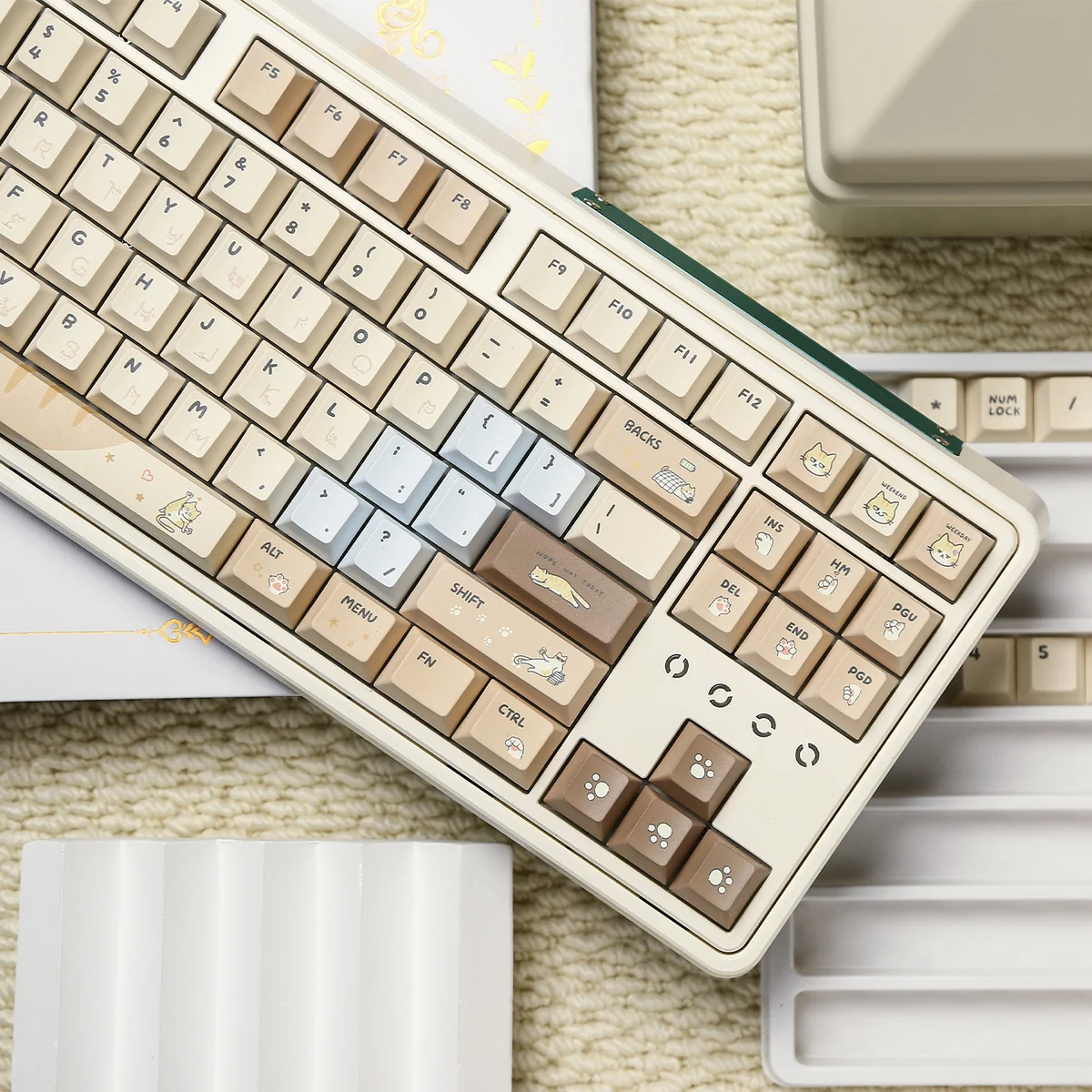 Multiple views of the adorable Hakimi PBT dye-sub keycap set, showcasing charming soft-hued characters and playful motifs for custom keyboards.