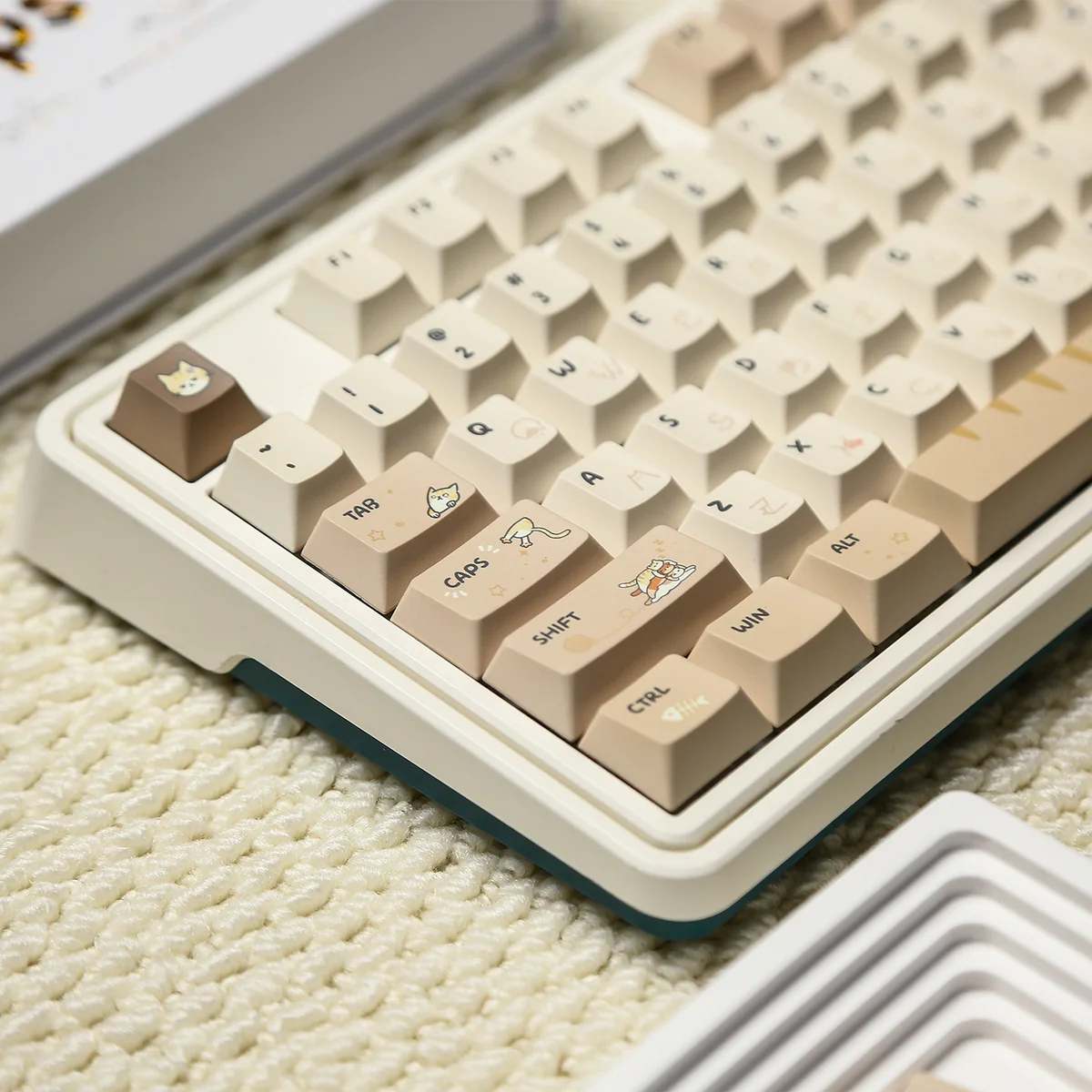 Adorable Hakimi PBT dye-sub keycap set displayed from multiple angles, showcasing charming soft-hued characters for custom mechanical keyboards.