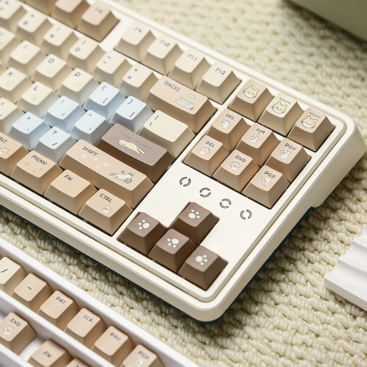 Adorable Hakimi PBT dye-sub keycap set for custom keyboards. Gallery shows playful soft-hued designs, durable sweet cuteness.