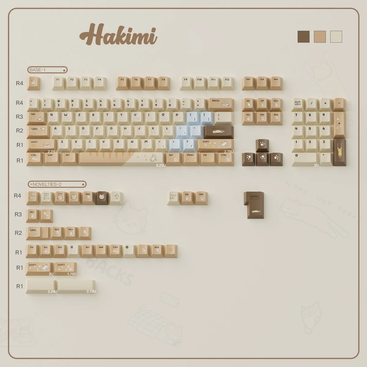 Showcase of the adorable Hakimi PBT dye-sub keycap set, featuring charming, soft-hued characters for custom keyboards. Durable and playful appeal.