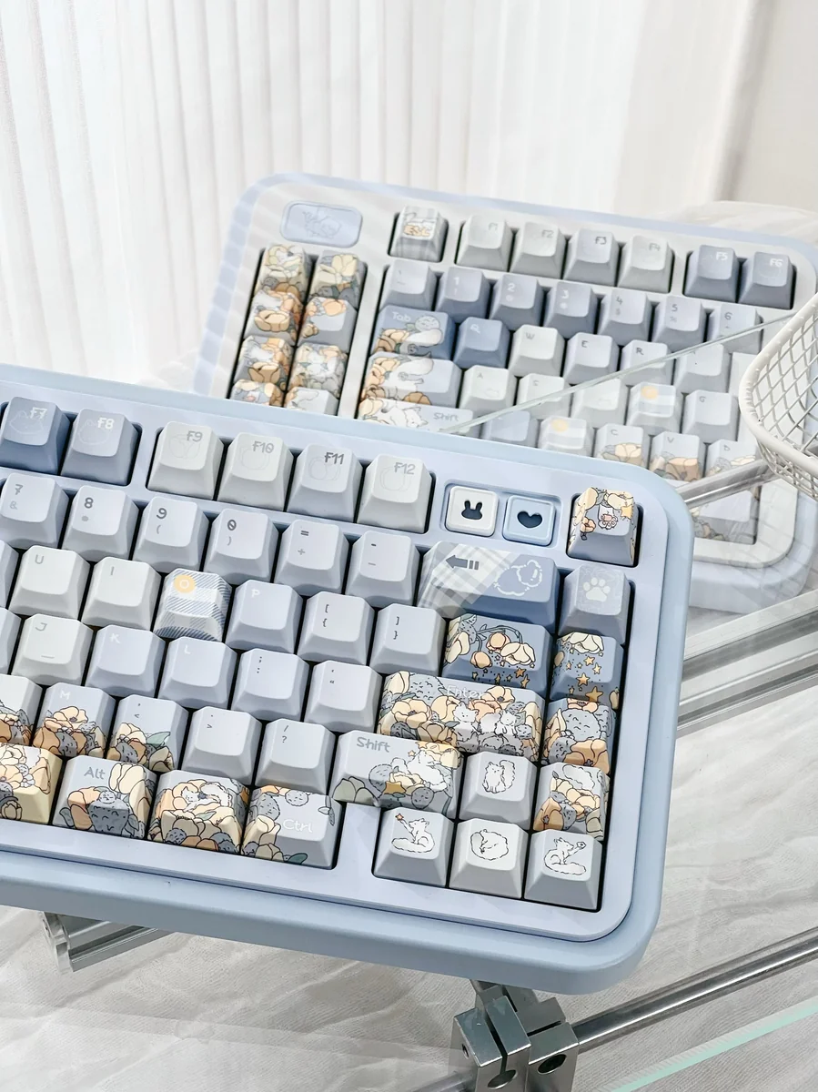 Detailed view of the whimsical dandelion fox hand-painted blue keycap set, showcasing exquisite artistry and dreamy blue hues from various angles.
