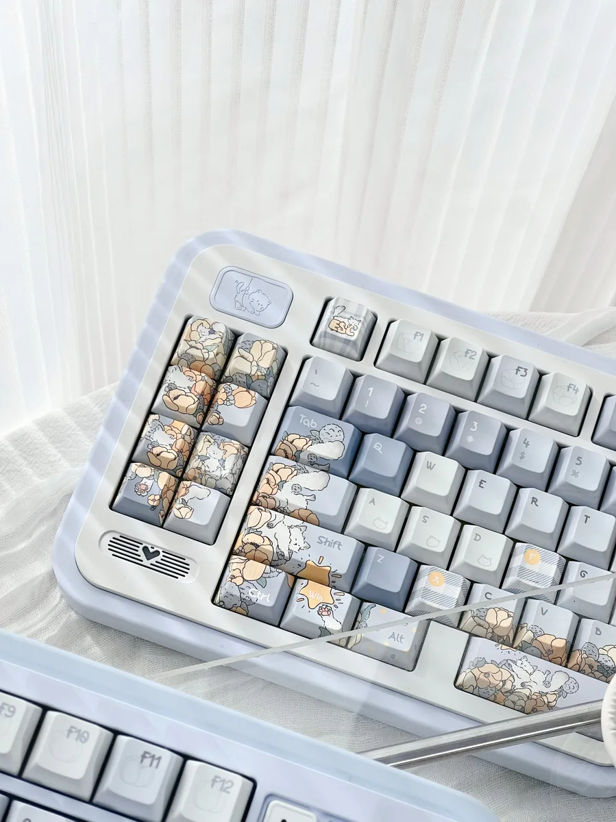 Hand-painted whimsical blue keycap set with dandelion and fox art, showcasing exquisite details and dreamy hues from multiple angles.