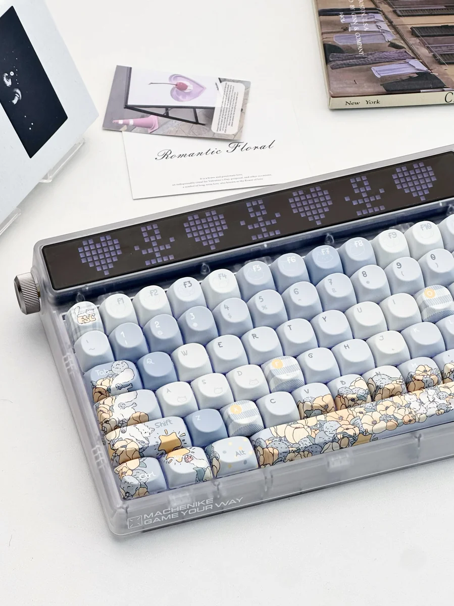 A collection of exquisite hand-painted whimsical blue keycap set images, showcasing detailed dandelion and fox art from multiple angles.
