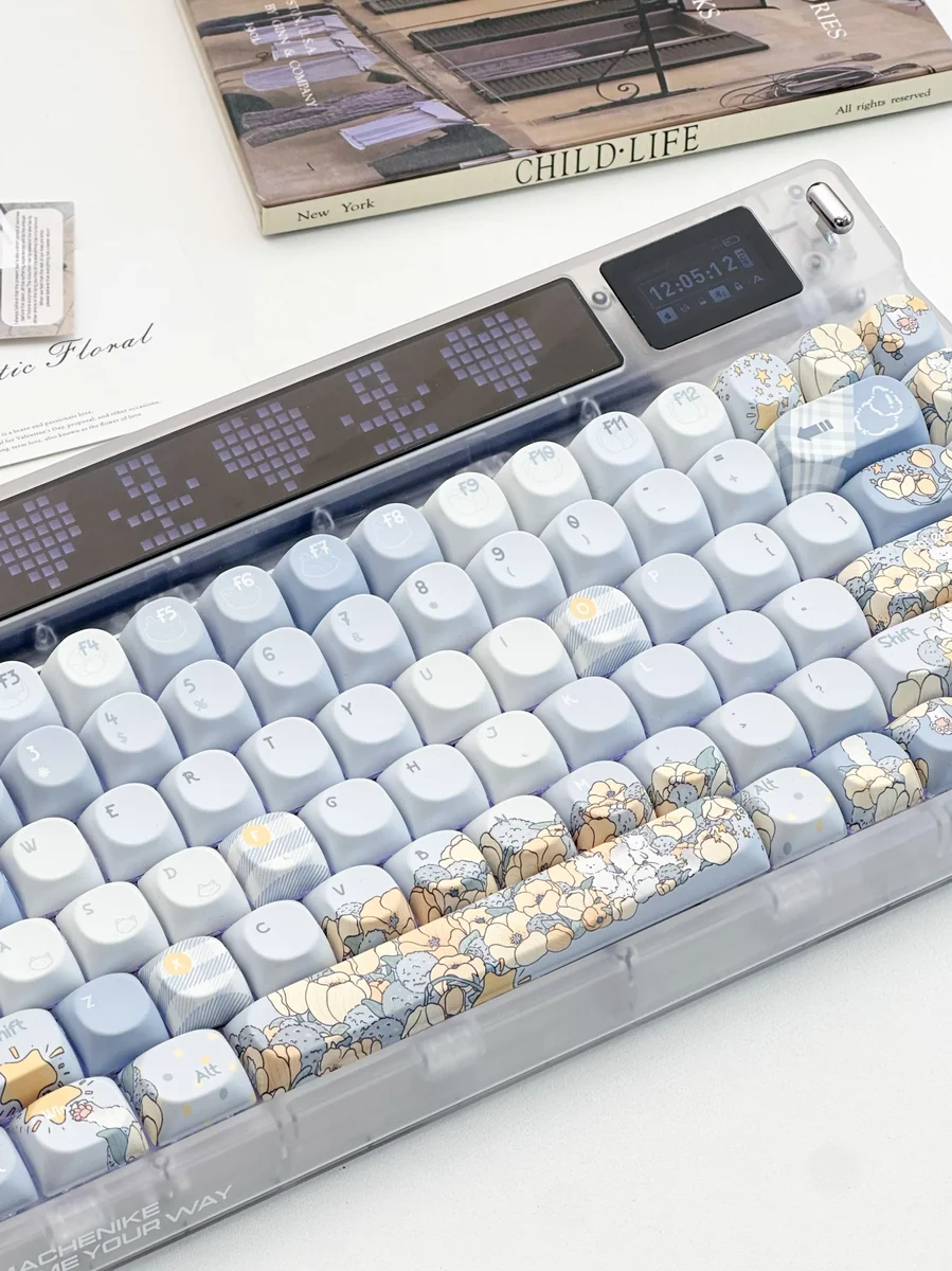 Artistic close-up of a hand-painted keycap set, revealing the intricate whimsical blue fox and dandelion motif, an exquisite piece of dreamy fantasy.
