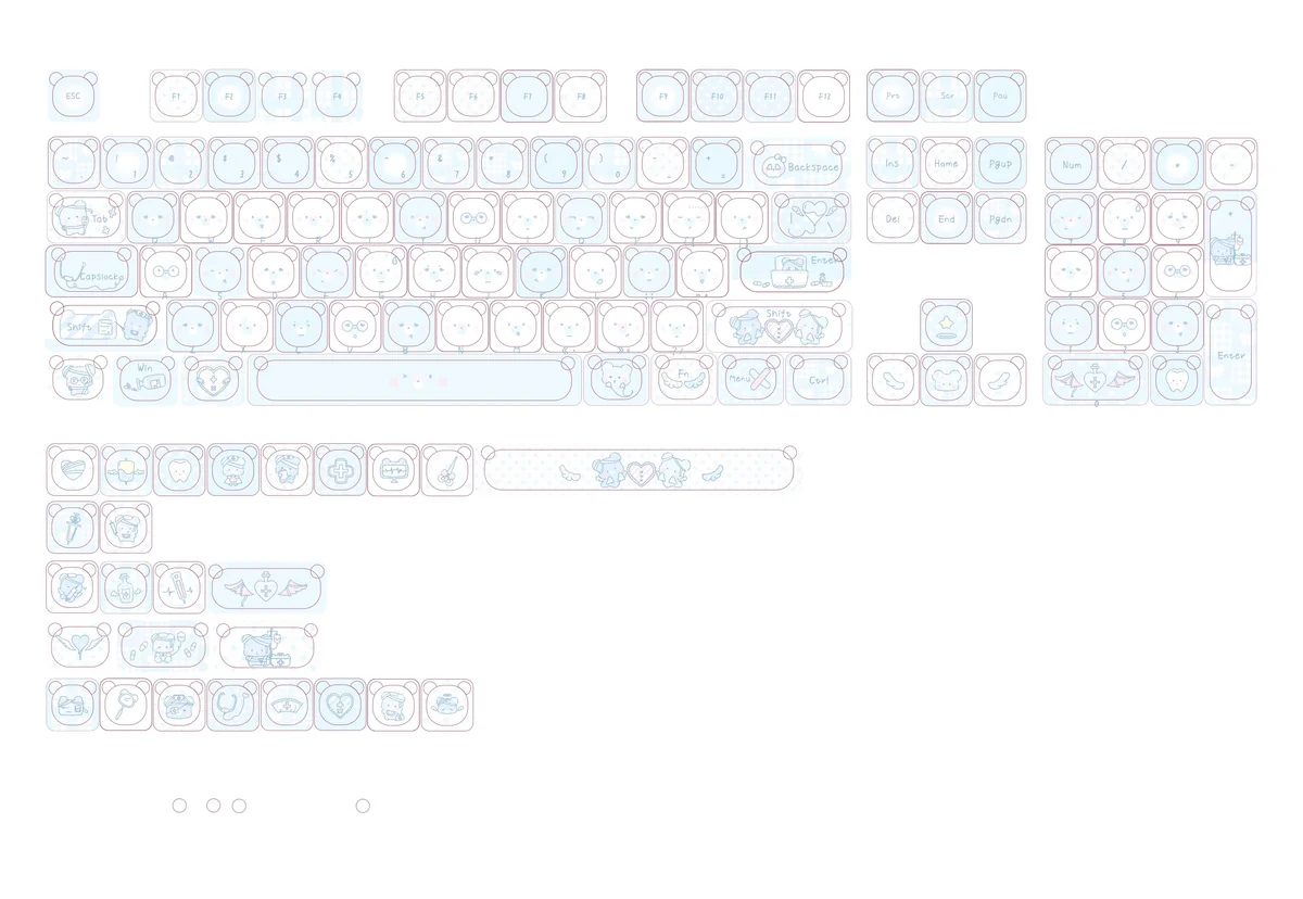 Close-up of the Adorable PBT MOA Healing Bear Keycaps set, showcasing charming pastel bears for a serene and joyful desktop aesthetic.