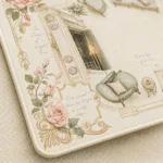Exquisite Jane Austen literary desk mat, detailed view showing delicate vintage florals and classic motifs. Perfect for an elegant, serene workspace.