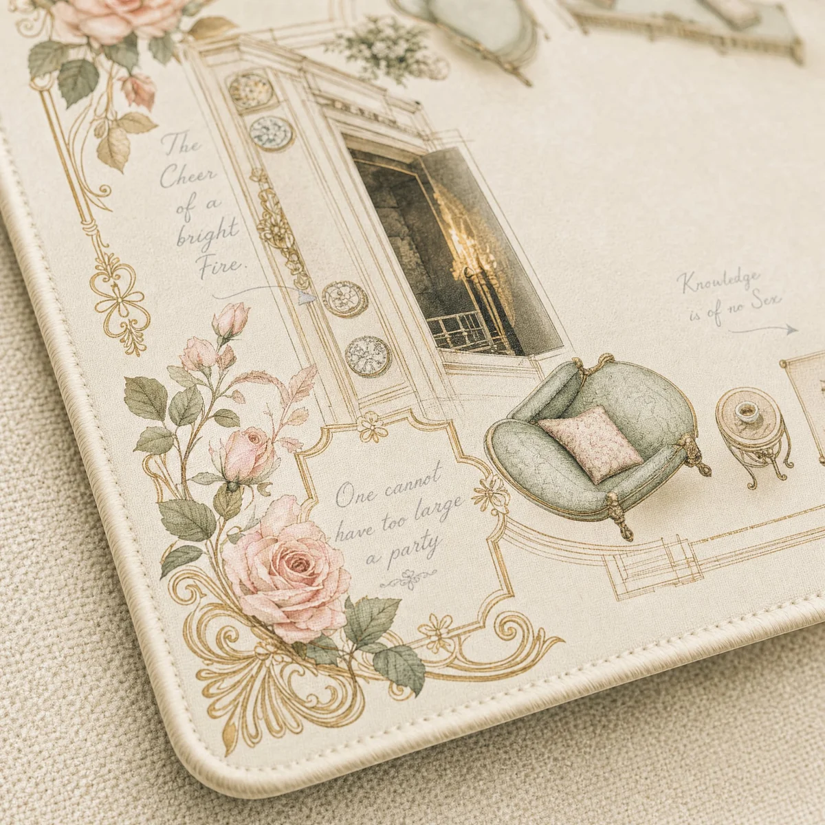 Exquisite Jane Austen literary desk mat, detailed view showing delicate vintage florals and classic motifs. Perfect for an elegant, serene workspace.